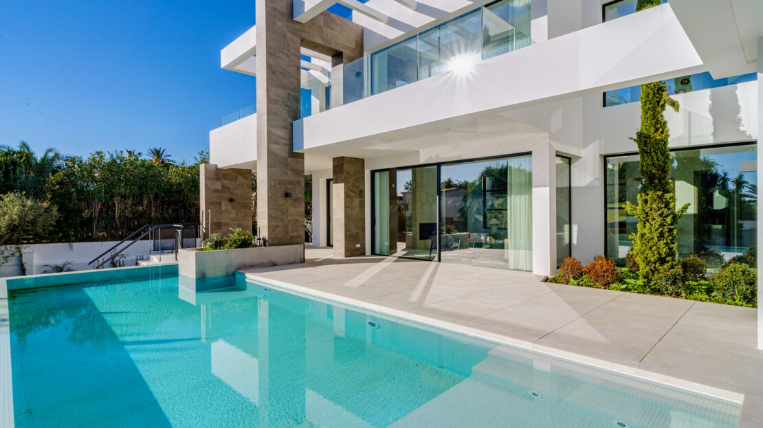 Modern beachside villa in Marbesa with private pool and garden