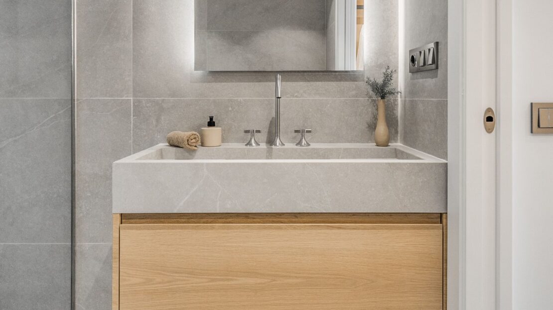 Contemporary bathroom vanity with backlit LED mirror and floating sink in Los Belvederes penthouse, Marbella luxury residence