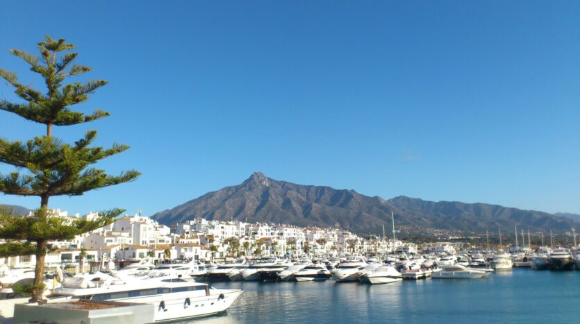 Stunning view of Marbella port with luxurious boats and upscale houses along the waterfront