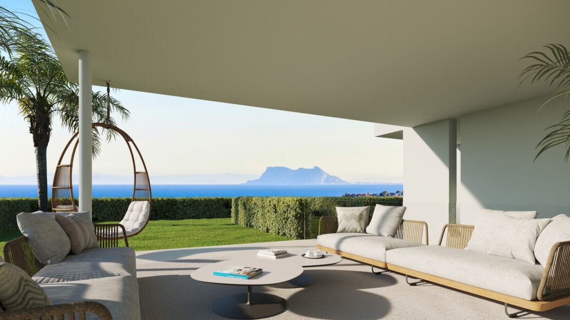 Beautiful garden with large sofas and a modern hanging swing seat, perfect for outdoor relaxation