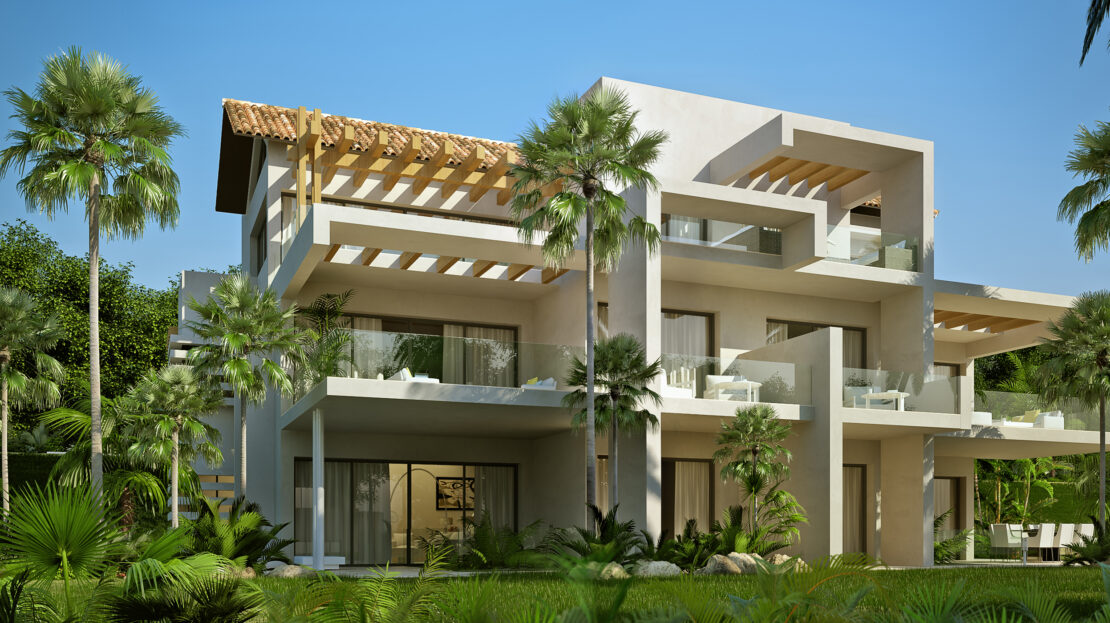 Elegant villa view with multiple balconies featuring transparent glass walls, surrounded by palm trees
