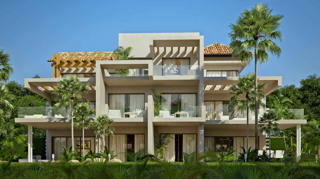 Rear view of a luxury villa with palm trees, spacious outdoor area, and beautiful landscaping