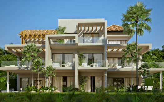 Rear view of a luxury villa with palm trees, spacious outdoor area, and beautiful landscaping