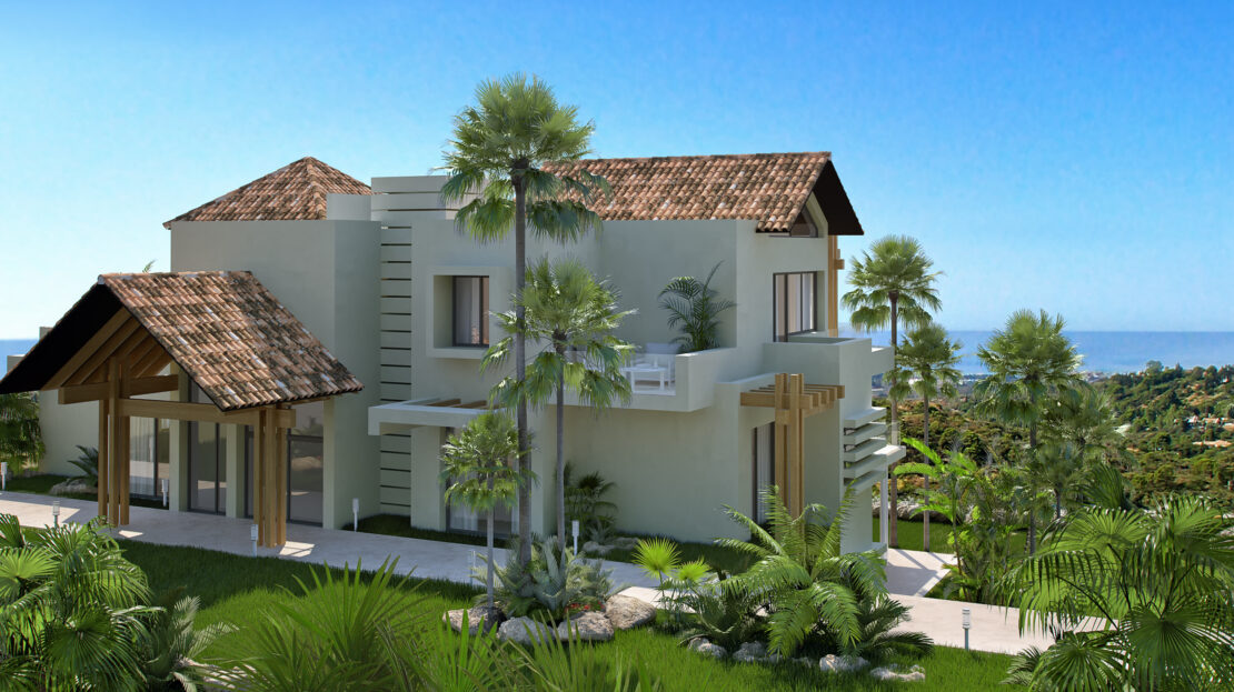 Rear view of a luxury villa with an elegant entrance, balcony, and lush greenery surrounding the property