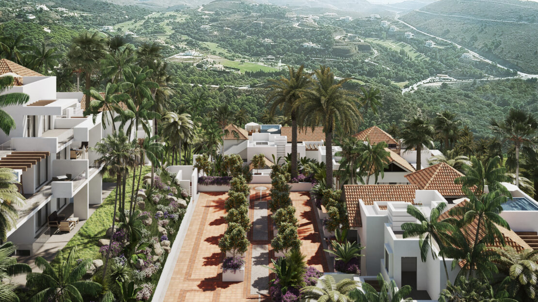 Aerial view of a pathway inside Marbella Club Hills, featuring exquisite floor tiles with subtle brown tones matching the villa’s architecture