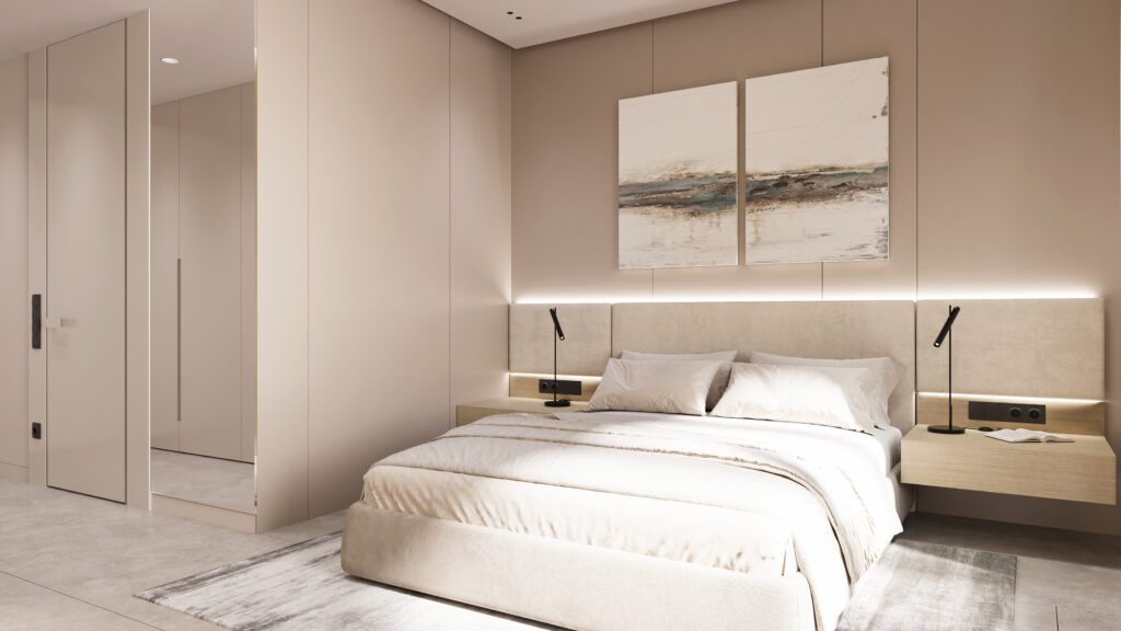 Luxurious king bedroom with LED-lit headrest, outlets on each side, and stylish bedroom cupboards