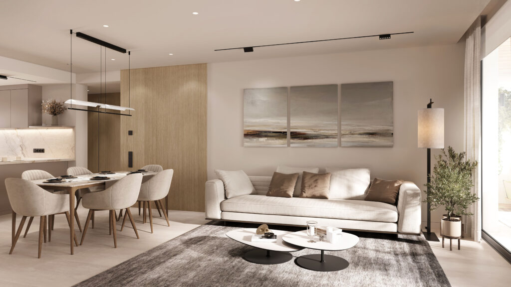 Stylish modern living room with dining table, chairs, sofa, and open-plan kitchen in a luxury Marbella property